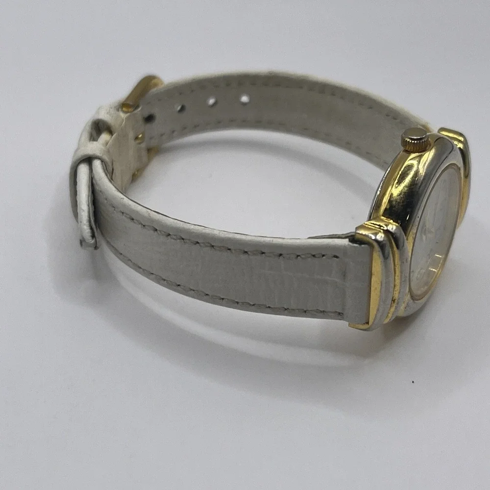 Laura Gayle‎ Gold Tone Quartz Watch White Leather Band- New Battery!